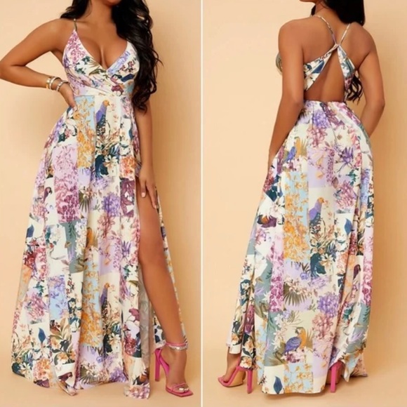 Dresses & Skirts - Boho Floral Print Criss Cross Back Maxi Wedding Party Dress